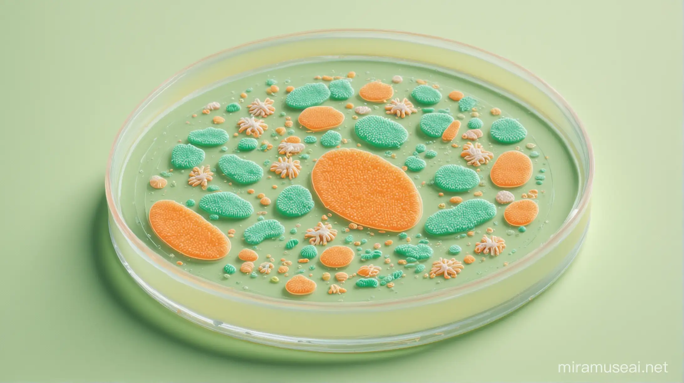 бактерии, чашка Петри, мультипликационный стиль, Disney, пастельные цвета, оранжевый, зелёный