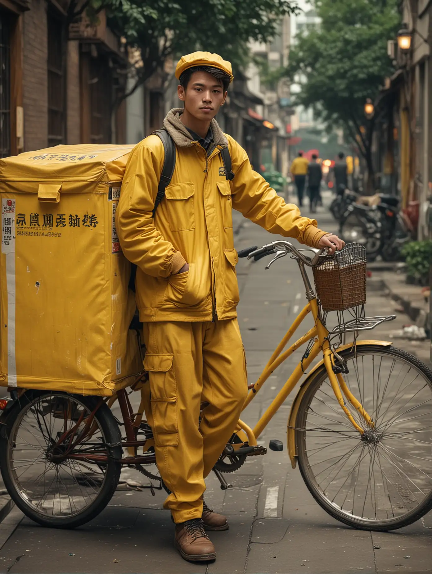 Shanghai Homeless Meituan delivery young  man in Shanghai bud with yellow uniform and yellow bike,  , Nikon D850 elegant Award winning photography fantasy intricate 8k beautiful high detail dynamic lighting award winning imperial colors hyperrealistic 4K 3D high definition crisp quality Unreal Engine colourful hdr cinematic postprocessing VRay Anna Dittmann Tom Bagshaw irina french John James Audubon Iwona Lifsches Liseth Visser Alex Alemany