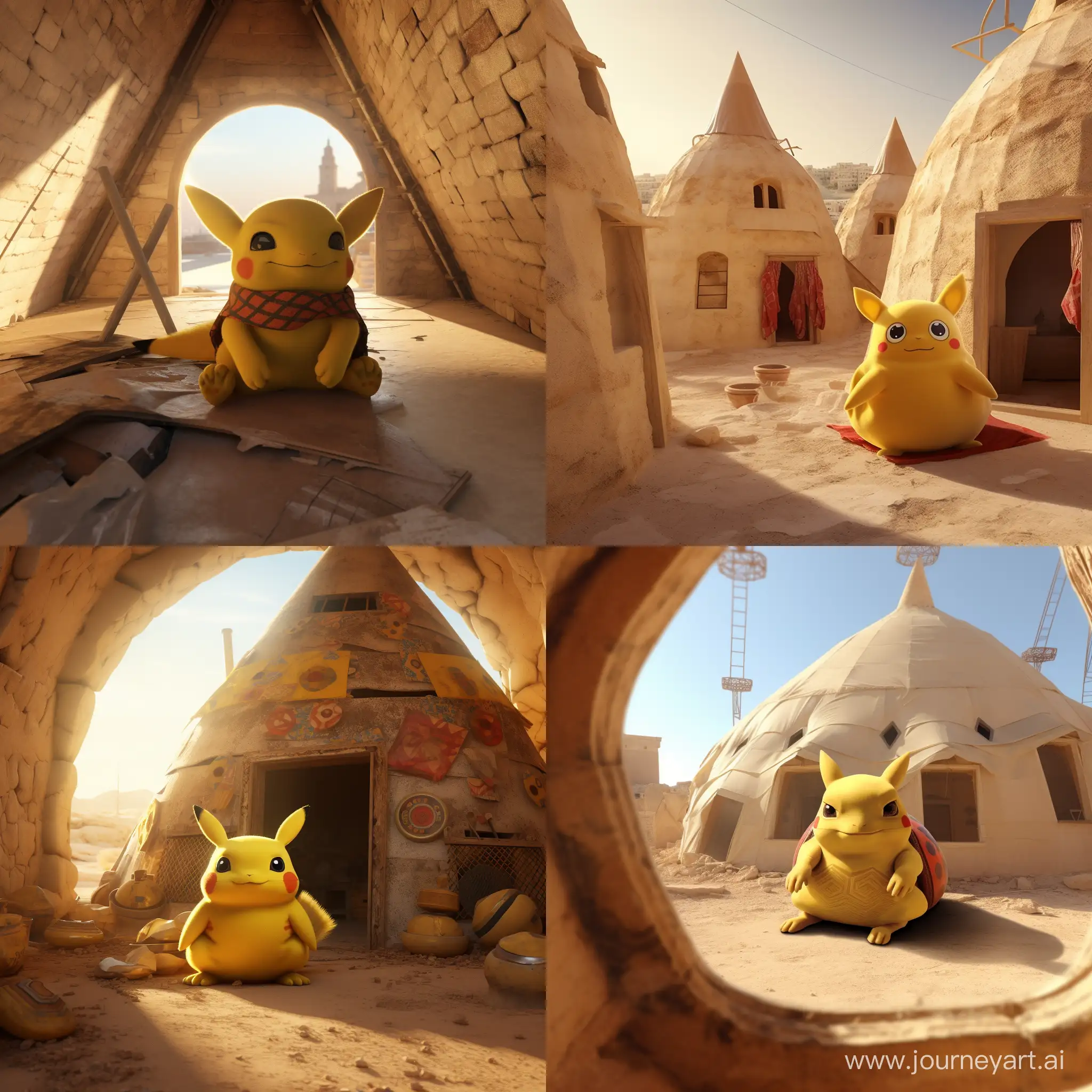 Pikachu in The Historical conical dome houses of harran, realistic