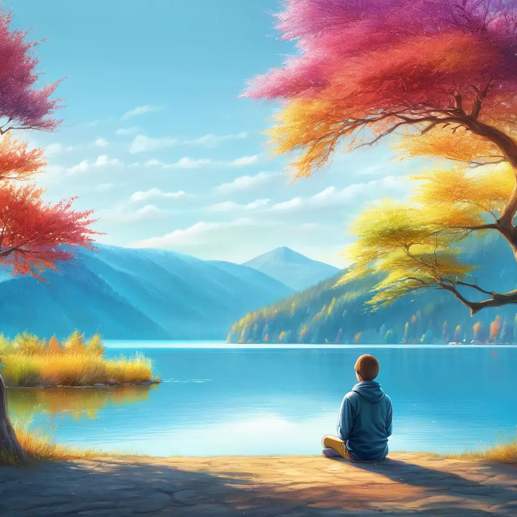 a person sitting facing the lake. Calm and peaceful and colorful
