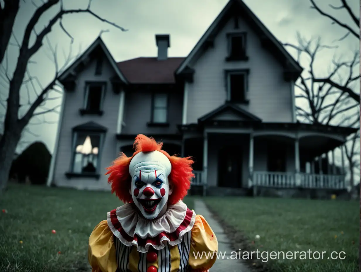 клоун на фоне страшного дома с маленькой девочкой