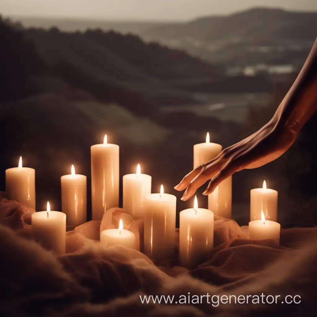 На фоне умиротворенного пейзажа с изображением свечей и мягкого освещения вы можете поместить изображение женских рук прикасающихся к коже
