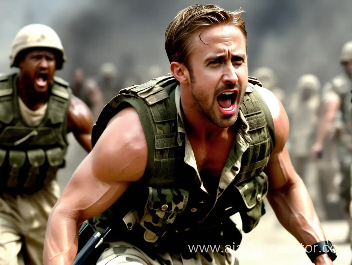 ryan gosling, military vest, camouflage uniform, muscles, angry face, screaming, gladiator