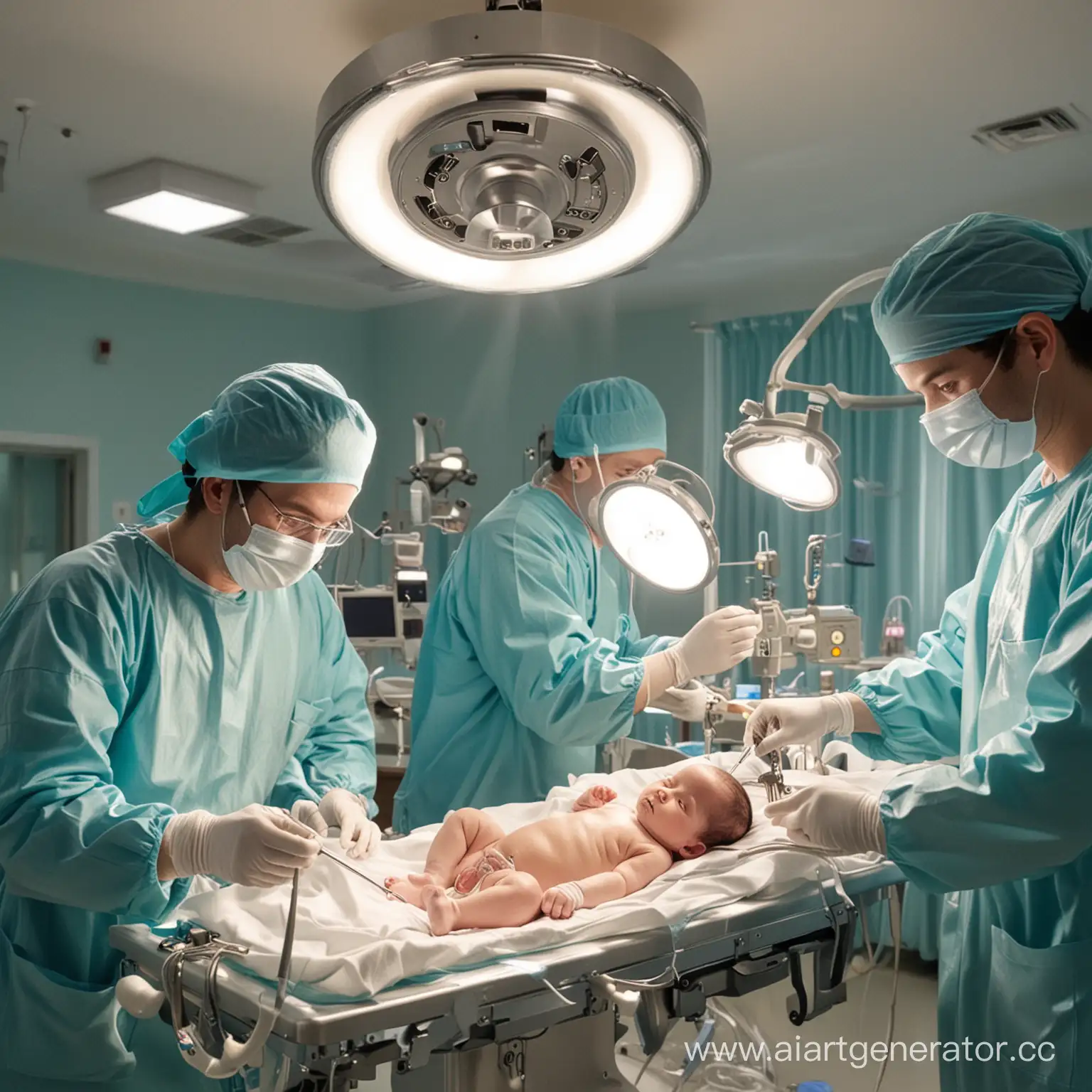 Операционная, 2 хирурга оперируют новорожденного ребенка, много света, блестящие инструменты