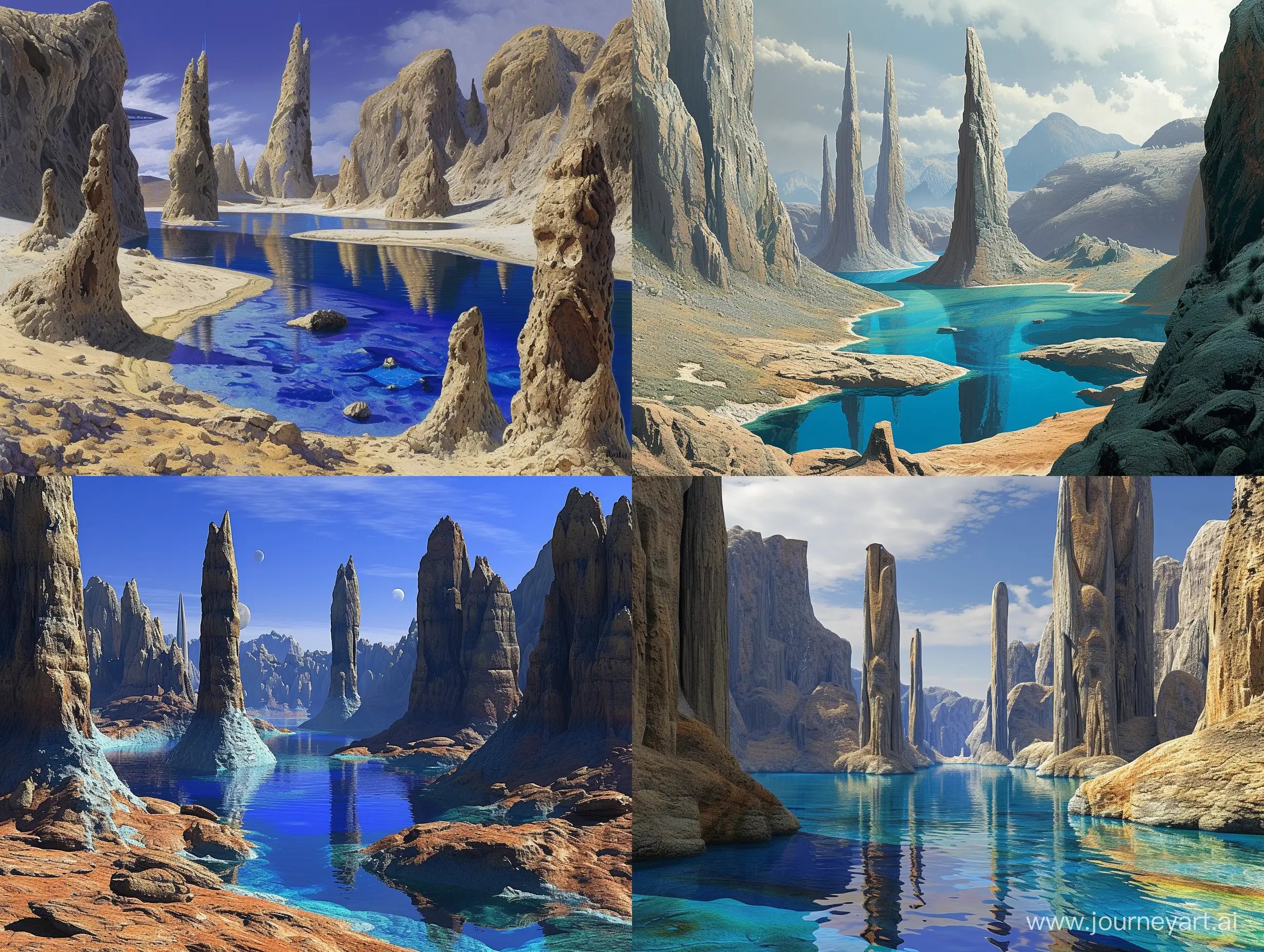 A surreal alien landscape by Roger Dean. Retro Science fiction art.  blue lakes. tall rocks. in color. 