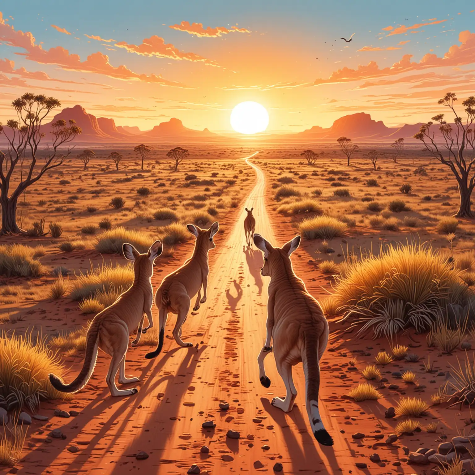 Illustration, Kawaii stil, Australien
Titel: Der Sonnenaufgang im Outback
Illustration: Die Sonne bricht über die endlose Weite des Outbacks, während sich im Hintergrund Kängurus über die Ebene hüpfen. 