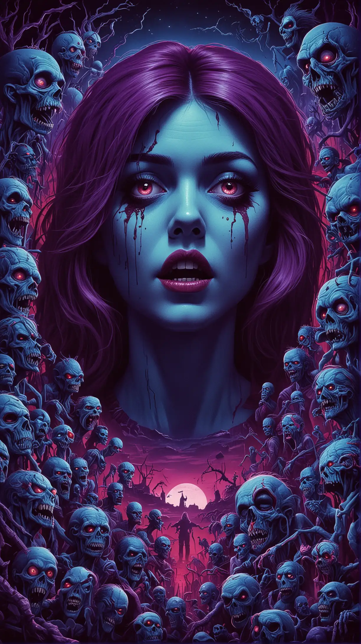 Generate a poster in a horror movie style of the 80s with blue hues, reds, and purple. Use this film synopsis for the cover, A talented stop-motion animator becomes consumed by the grotesque world of her horrifying creations -- with deadly results. NO TEXT