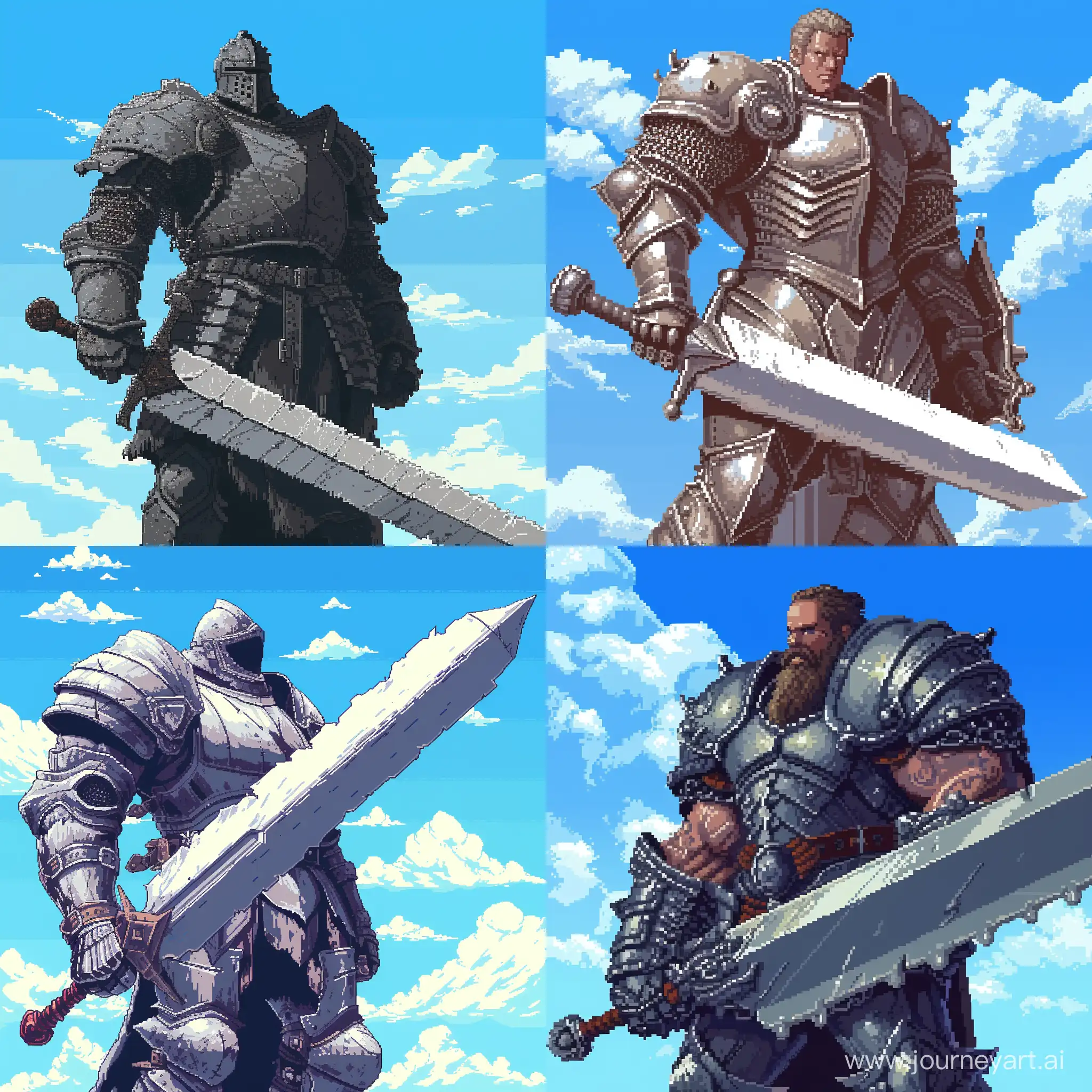 Grim-Knight-in-Pixel-Art-Mighty-Warrior-with-Sword-under-Blue-Sky