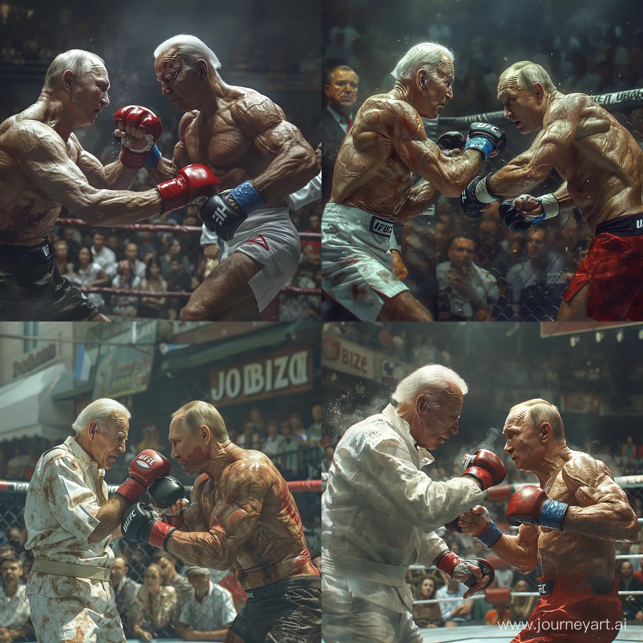 A realistic picture of joe biden and Vladimir Putin playing mma , in front of an udience watching the match, Referee with blur in the background, accuracy, focus, and very details skin, --stylize 750 --v 6