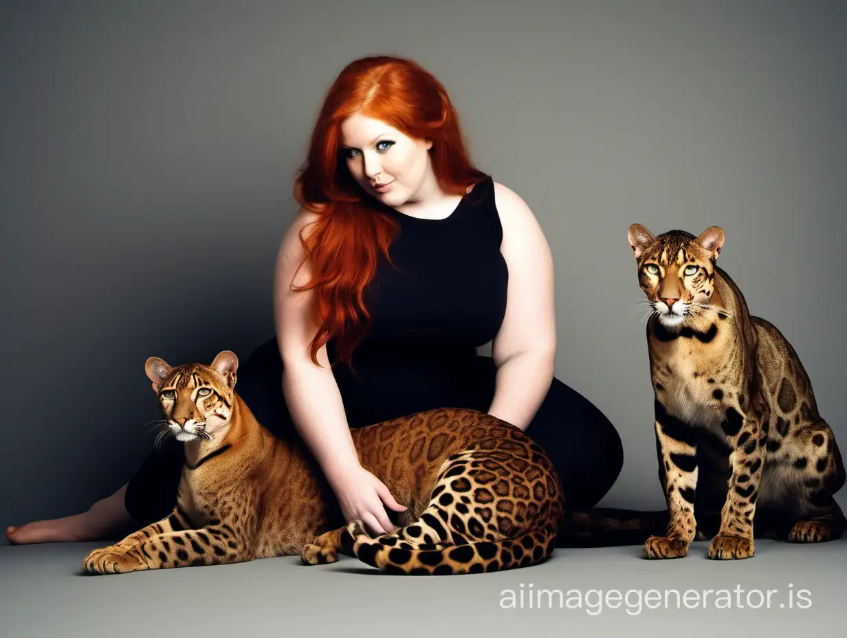 Beautiful-Redhead-with-Two-Panthers-Portrait-of-a-Shy-Woman-and-Her-Majestic-Pets