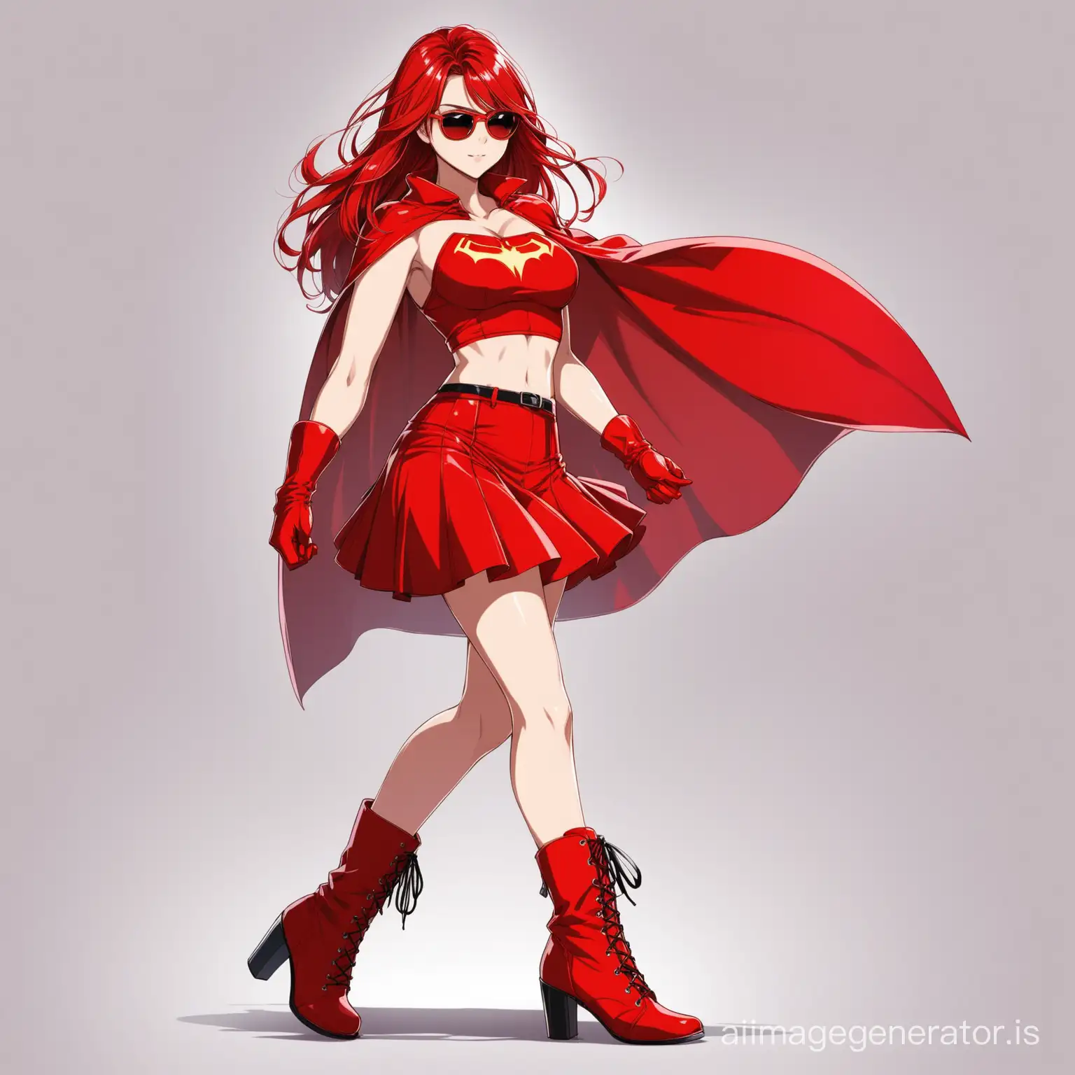 hot anime girl in a modern and cool red croptop, red skirt, a pair of red gloves, a pair of red boots heels wearing a red superhero cape reaching her boots along with a pair of red sunglasses