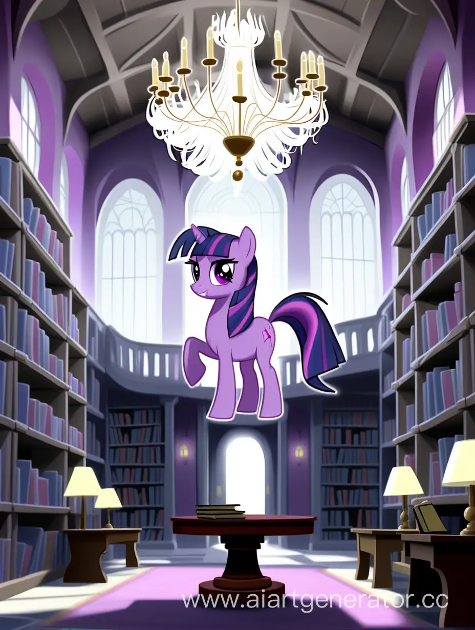 Draw me a pony named Twilight Sparkle who is inside this library, draw her The library itself is located in a large square building adjacent to the center of Ponyville, built from a combination of stone, marble, and glass, giving it a rather spacious and tranquil vibe. The library is a labyrinth of hallways, staircases, and rooms, with different topics and genres covered by the walls of bookshelfs. And of course, a massive chandelier is positioned above the main reading area.