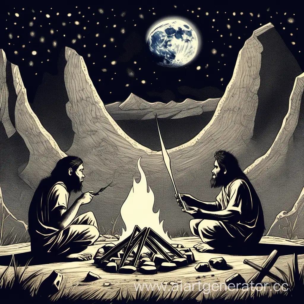 Prehistoric-Individuals-Contemplating-Moonlight-by-Firelight