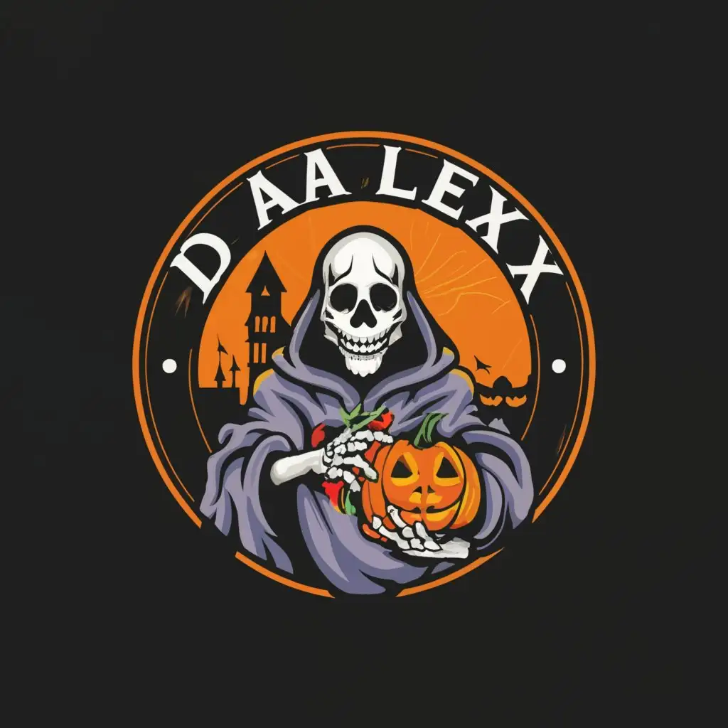 a logo design,with the text "DearLexx", main symbol:circular logo of a skeleton in a robe wearing a gas mask holding a pumpkin,Moderate,be used in Entertainment industry,clear background
