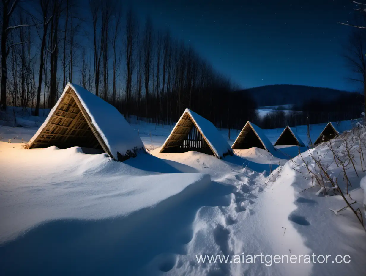 Много заброшенных деревянных землянок погребов с треугольными крышами стоят хаотично в поле зимой в снегу на склоне небольшого холма у деревни ночью без подсветки  с деревьями
