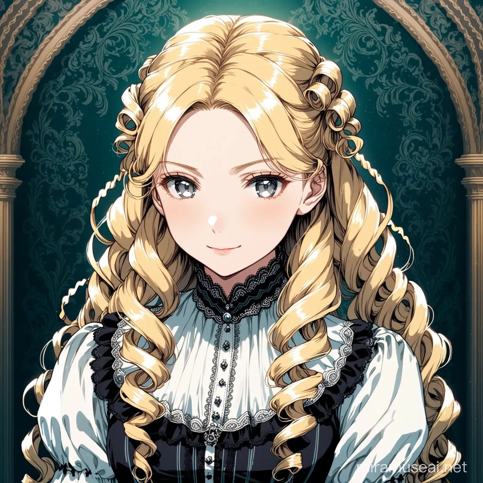 Visualize a adult woman with beautiful but nostalgic features and (((blonde, ringlets hair))), dressed in ornate ((Victorian dress)), and light grey eyes and a sad smile on her face on a baroque background. with cold colors gothic in anime