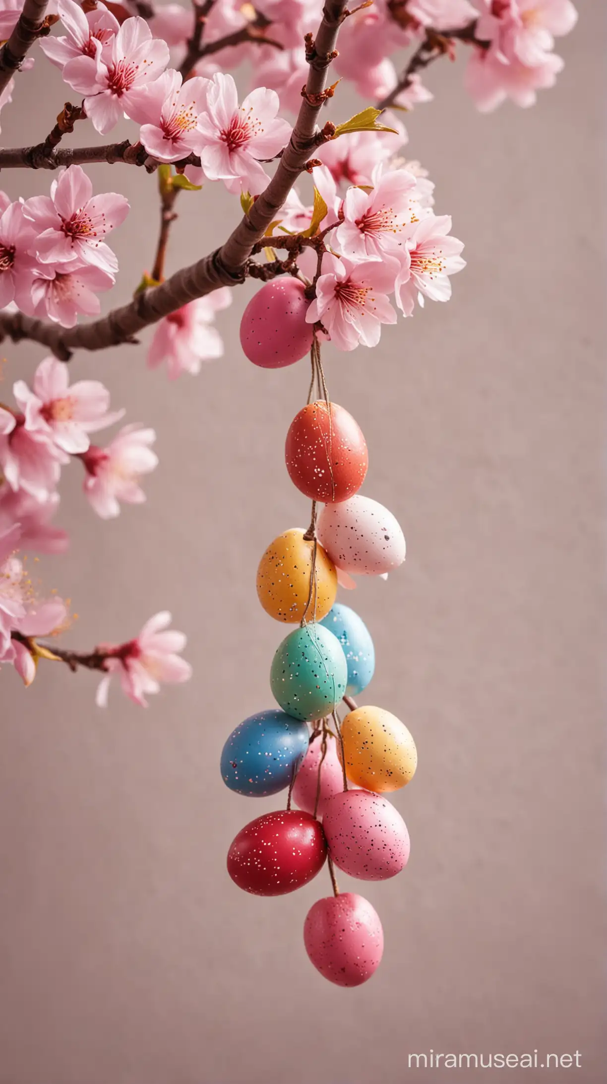 Vibrant Easter Eggs on Cherry Blossom Branch