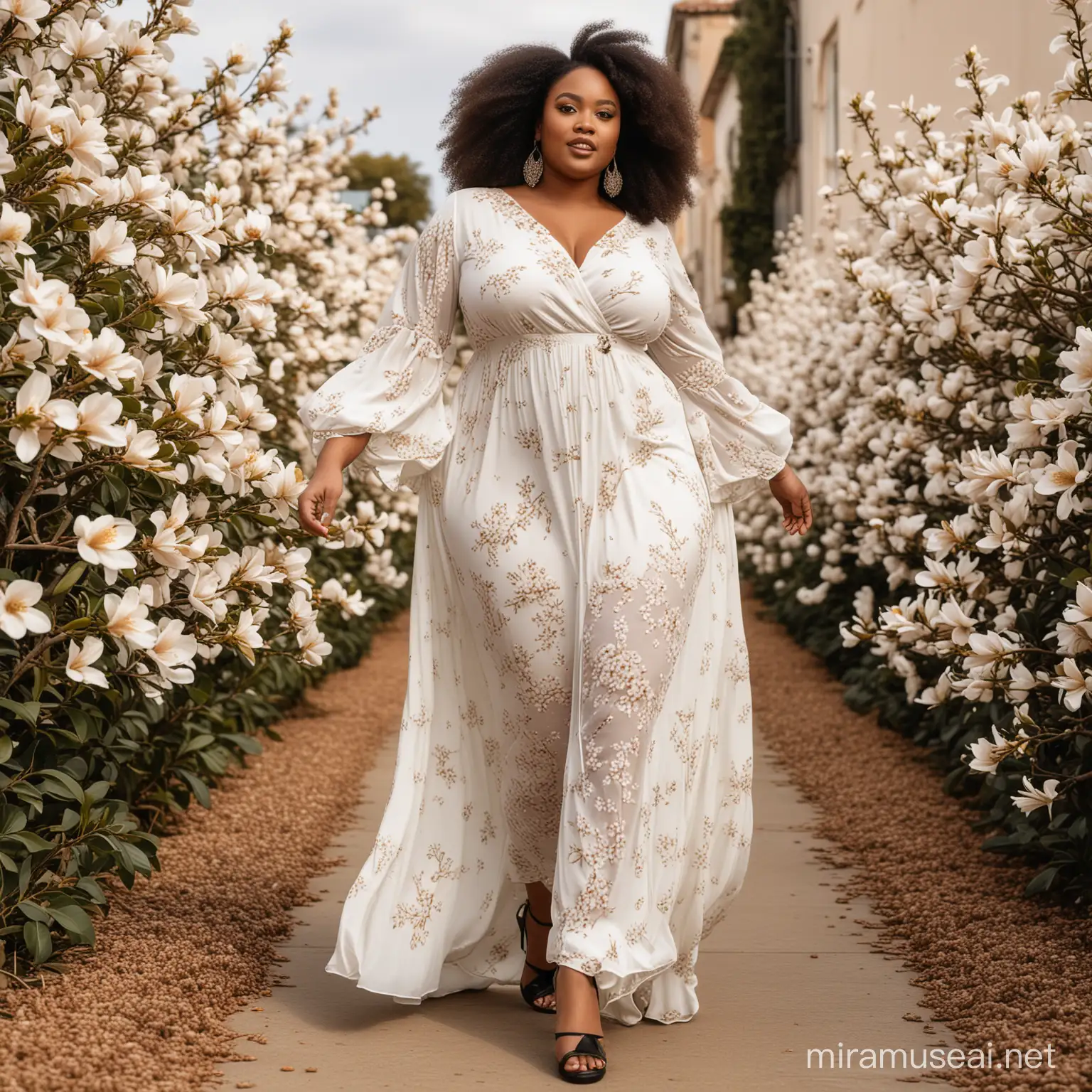 An African plus size female walking gracefully with up to the knee heels and wearing an off-white maxi dress design  with tons of platiumium magnolia flowers following her trail while she walk. Prominent makeup and hazel eyes. Highly detailed a very large black and  platiumium ombre afro with tons of black and  platiumiumflowers.