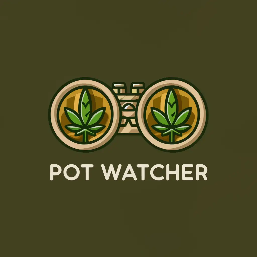 a logo design,with the text "Pot Watcher", main symbol:binoculars looking at a cannabis leaf,Moderate,be used in Technology industry,clear background