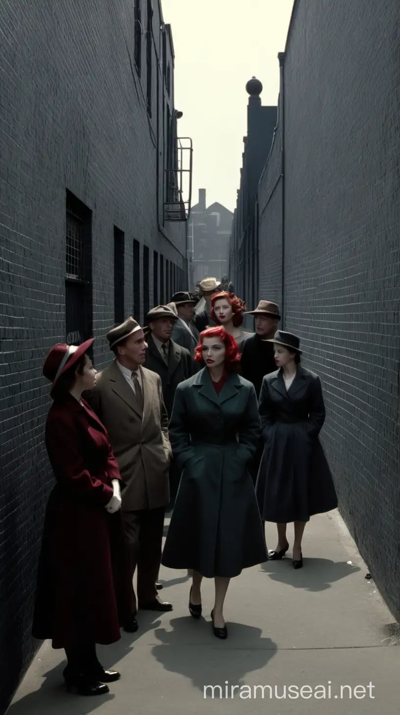 a group of people, mostly Black, stand in a narrow alleyway. They are dressed in 1950s attire. Some of the people are wearing hats. The wall to the left has a sign that says "Colored". The wall to the right has a red brick pattern. The people are looking towards a train in the distance. 1947, in the style Brian Helgeland , 42 movie, intense, atmospheric, visually convincing.