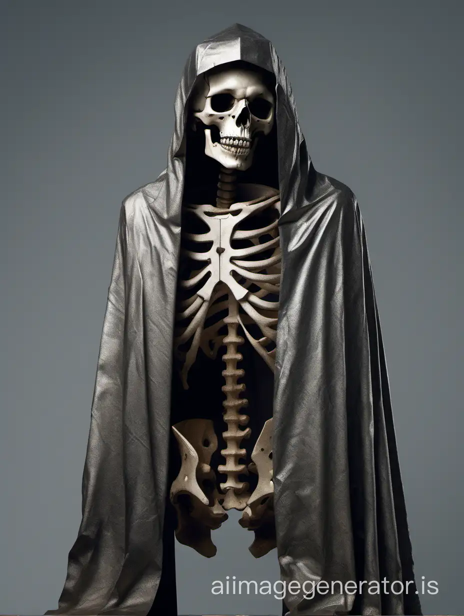 top half of a skeleton with a metal-covered neck wearing a cloak