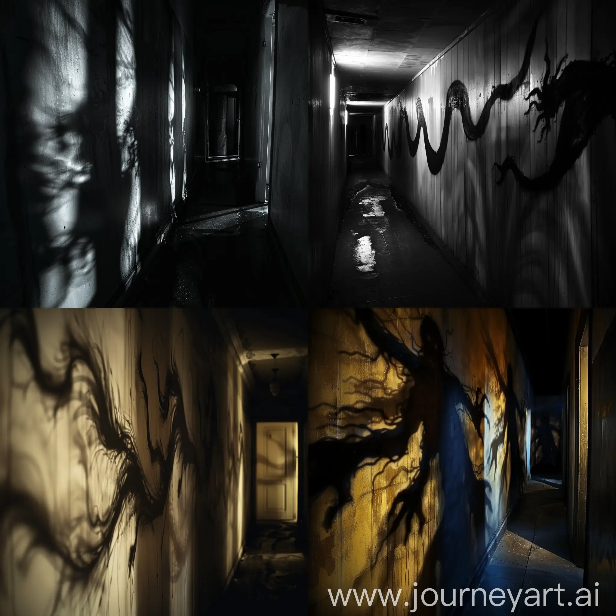 shadows writhed on walls of a dark and gloomy corridor at night,