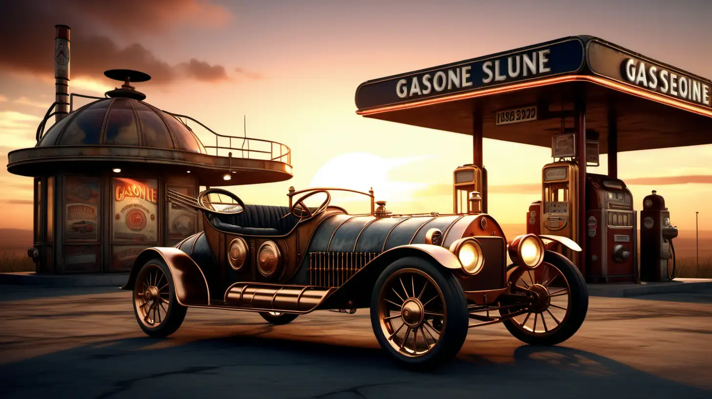 Steampunk, 1920`s, fast car, futuristic design, outside an old gasoline station, sunset, realistic, uhd