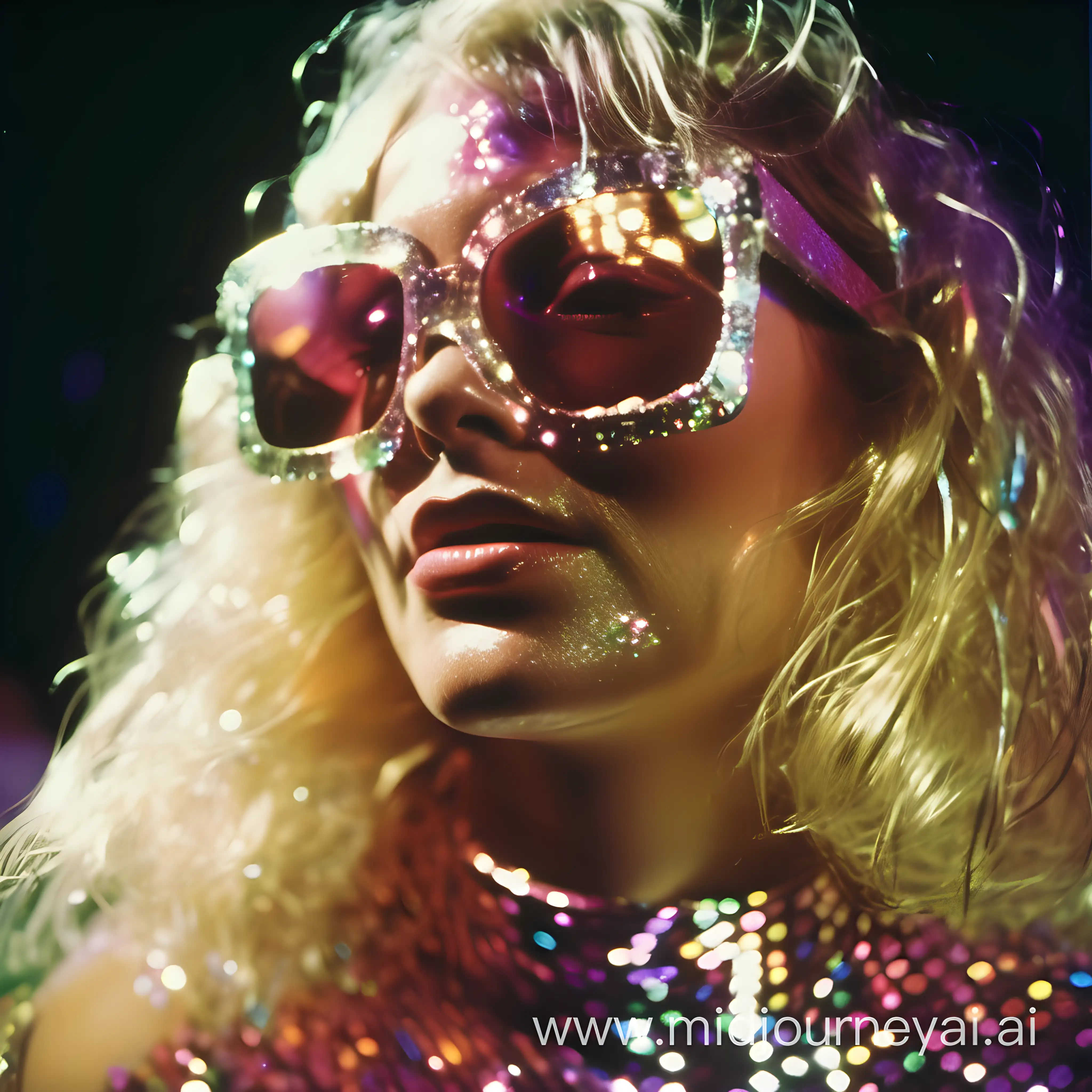 a woman wearing iridescent sequin dress while partying and dancing, flash photography, disco, strobe lights, candid photograph, colour photo, film camera, disposable film, harsh flash photography, neon lights, 1980, Kodak