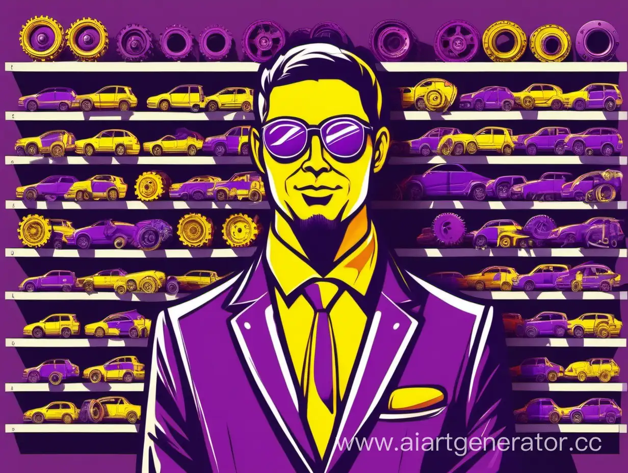 Vibrant-Sales-Manager-Showcasing-Stylish-Car-Parts-in-Violet-and-Yellow
