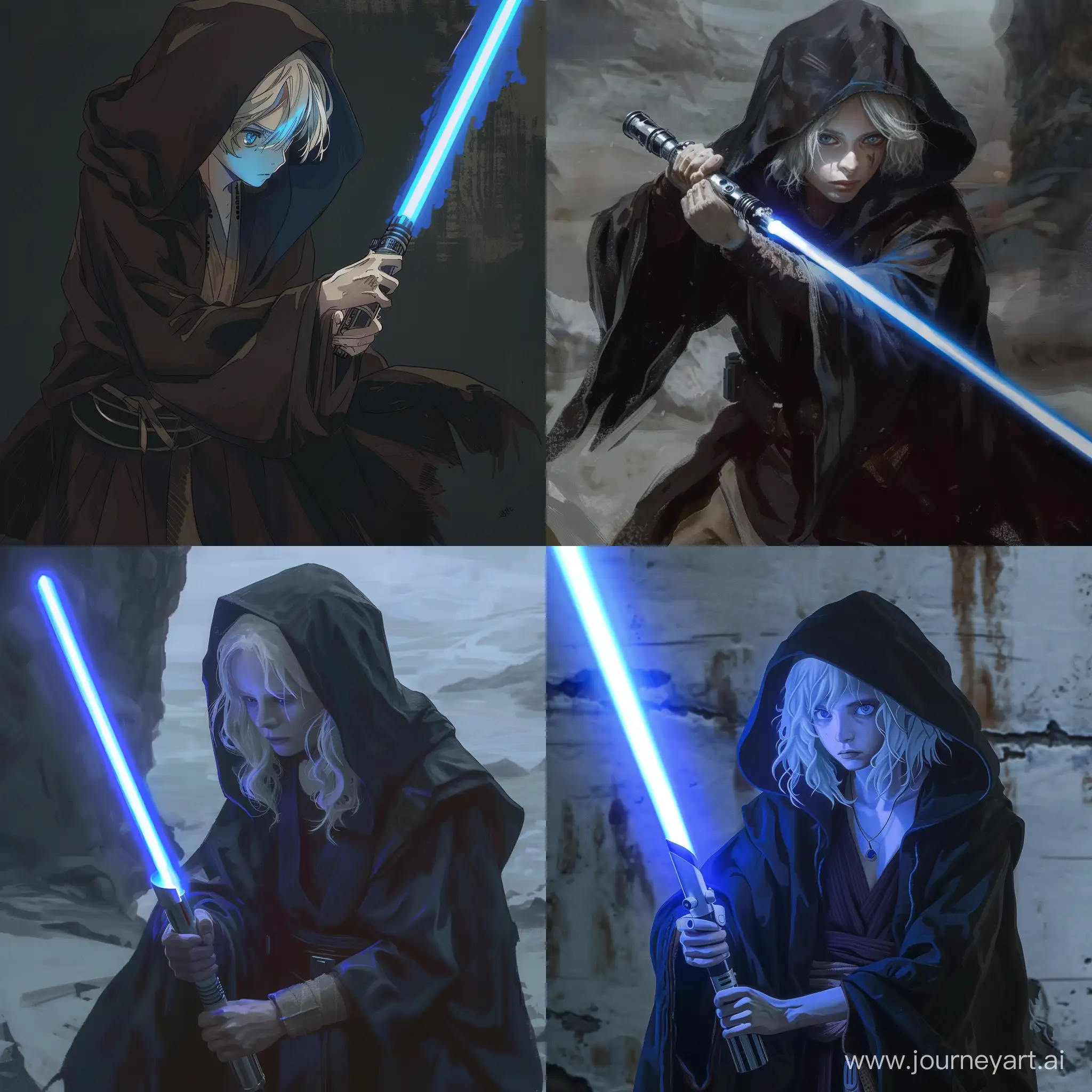 jedi padawan with pale hair in a dark robe and in the hood, holding a blue lightsaber, anime style