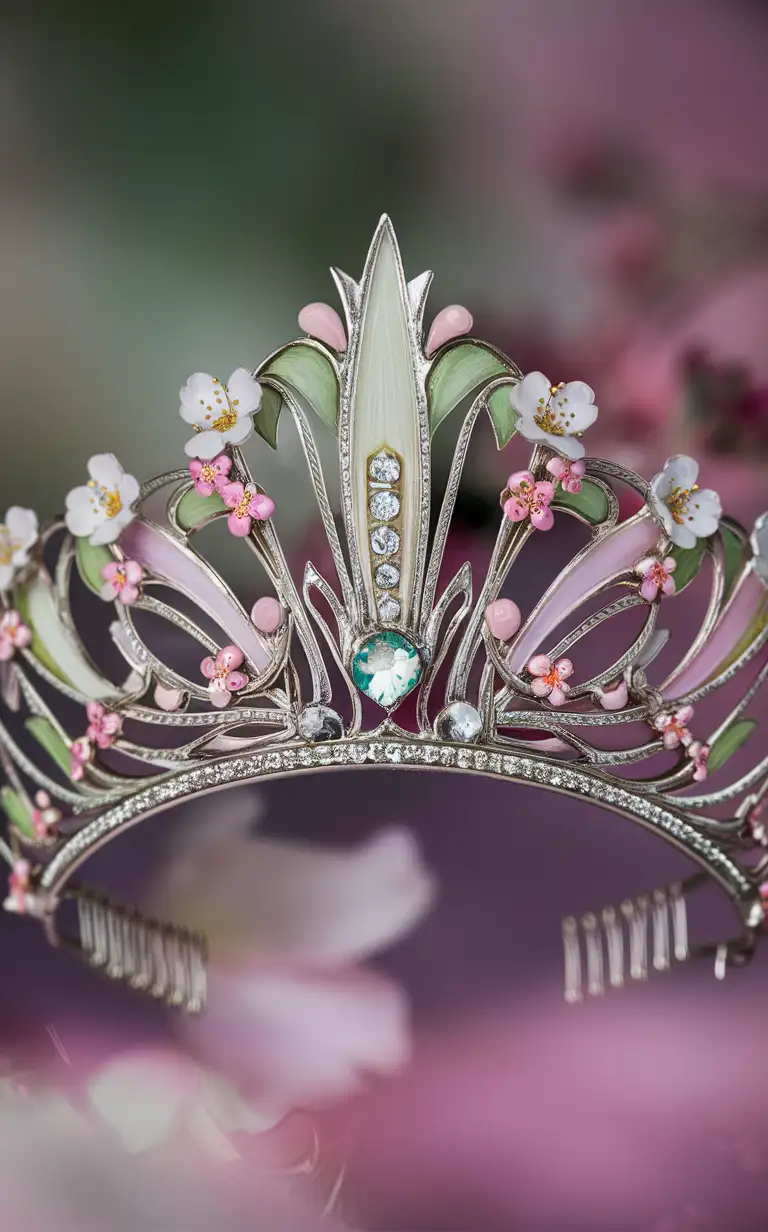macro photo of enchanted elven narrow tiara, fine work, art nouveau, shining silver and precious stones, light green and white and soft pink and pastel color scheme,  cherry blossom theme, in the style of canon ts-e 17mm f/4l tilt-shift