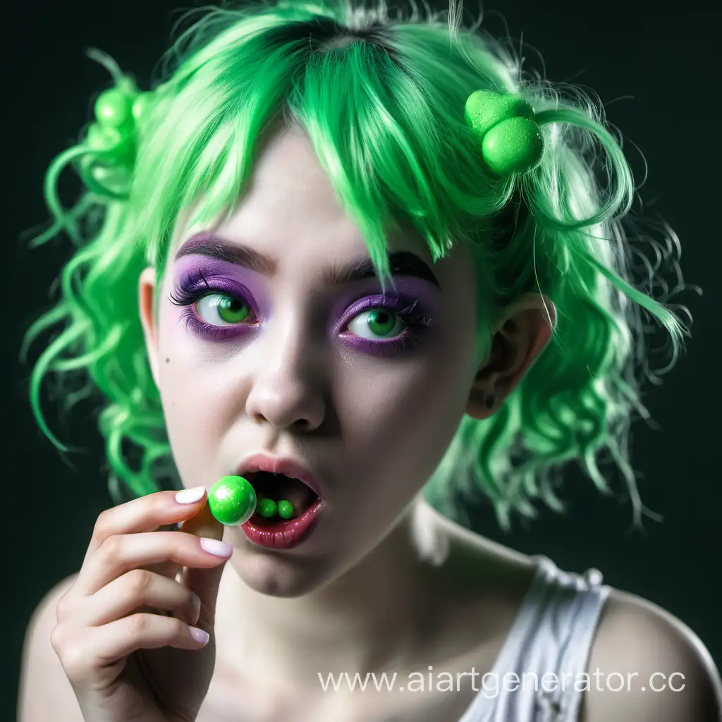 Девочка фея с зелеными волосами жует жевательную резинку

