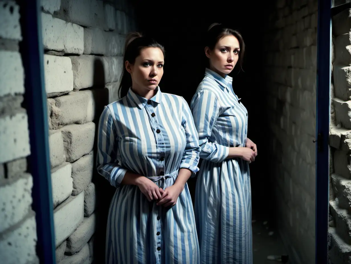 Two of busty prisoner woman (35 years old, same dress) stand (far from each other) in a prison cell (Stone walls, small window) in dirty ragged blue-white vertical striped longsleeve midi-length buttoned gowndress (brunette low pony hair, sad and desperate ), look into camera