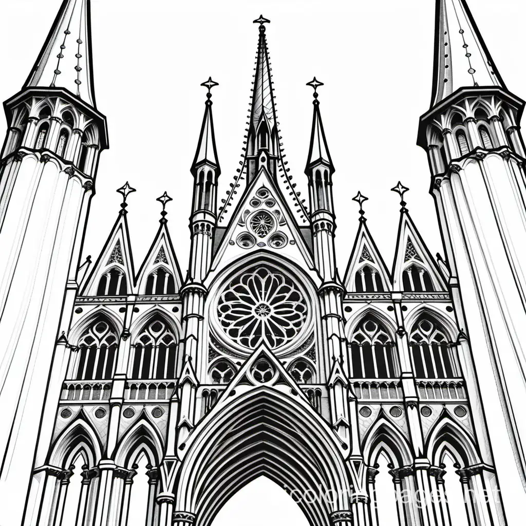 gothic architecture detailed drawing of intricate arches, gargoyles,and spires for gothic cathedrals , Coloring Page, black and white, line art, white background, Simplicity, Ample White Space. The background of the coloring page is plain white to make it easy for young children to color within the lines. The outlines of all the subjects are easy to distinguish, making it simple for kids to color without too much difficulty
