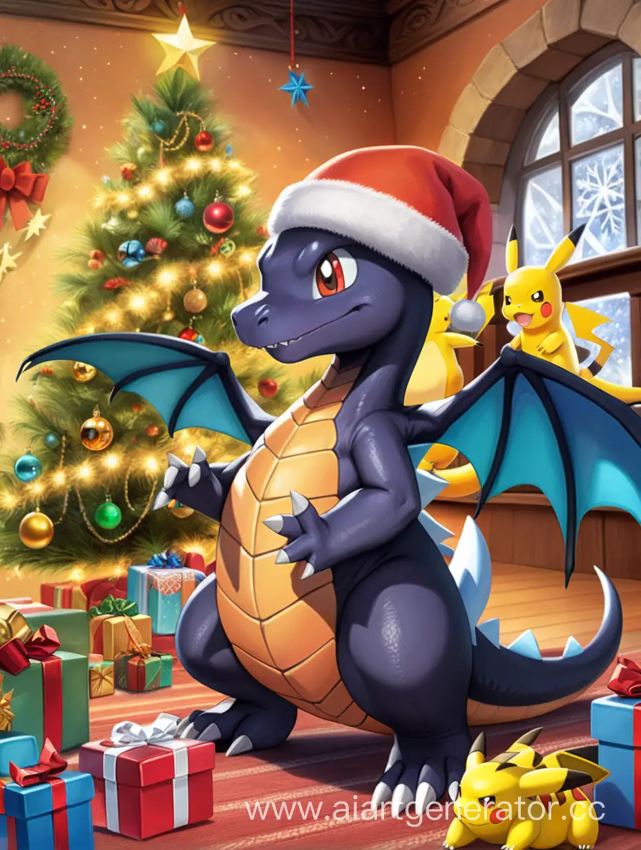 black mythical dragon in a New Year's hat, who sits under a Christmas tree in a warm house, and around him are Pokemon such as Charizard, Charmander, dragonite, Pikachu and Evie