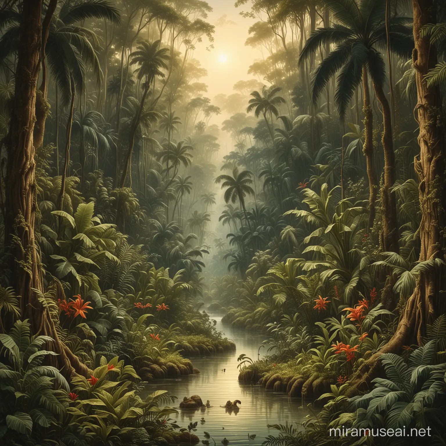 A picture of a jungle landscape in the style of the Dore Bible's art
