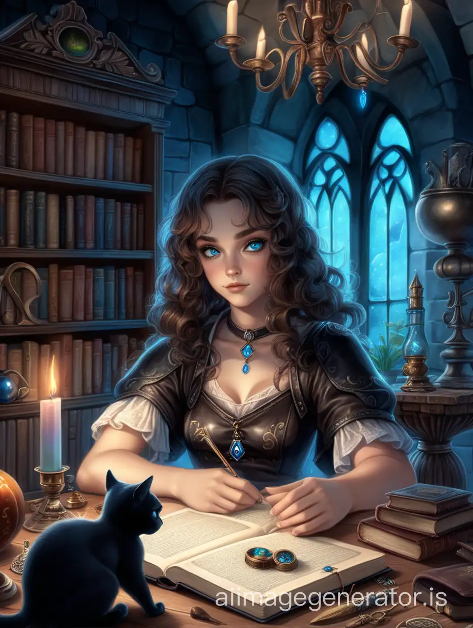 The picture should show a room furnished with magical artifacts, there should also be bookcases in the room and dry herbs for potions and other ingredients on them, the lighting should be dim. In the foreground of the picture there is a table on which lies a thick book bound in dark leather. A sorceress girl with soft features, dark brown curls and bright blue eyes sits at the table. To the left of the girl sits a black cat with the same bright blue eyes. Drawing, fairytale illustration style, comics style