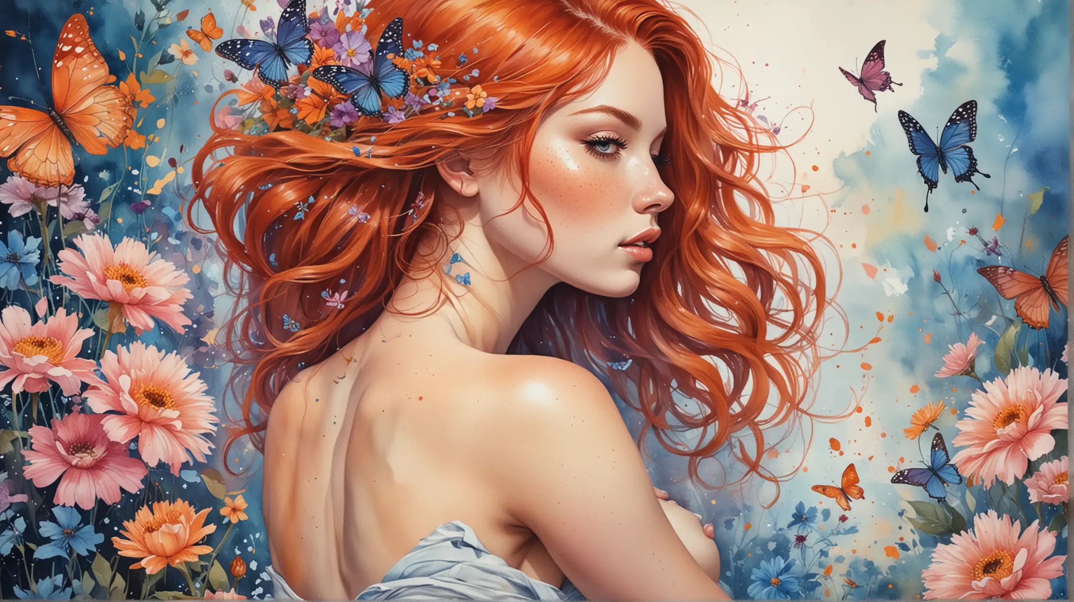 This is an artwork depicting a side profile of an unclothed beutiful redhair woman sitting with her legs pulled close. Her hair is a magnificent array of flowers and butterflies, blending into a colorful background with a watercolor effect. The colors are vibrant, featuring shades of blue, pink, orange, and splashes of black ink. The woman's features are finely detailed, with prominent eyelashes and hoop earrings, adding to the artwork's stylized aesthetic.