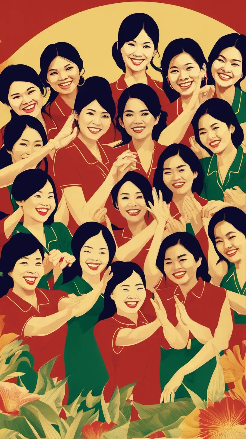 poster that shows group of happy vietnamese women joining hand