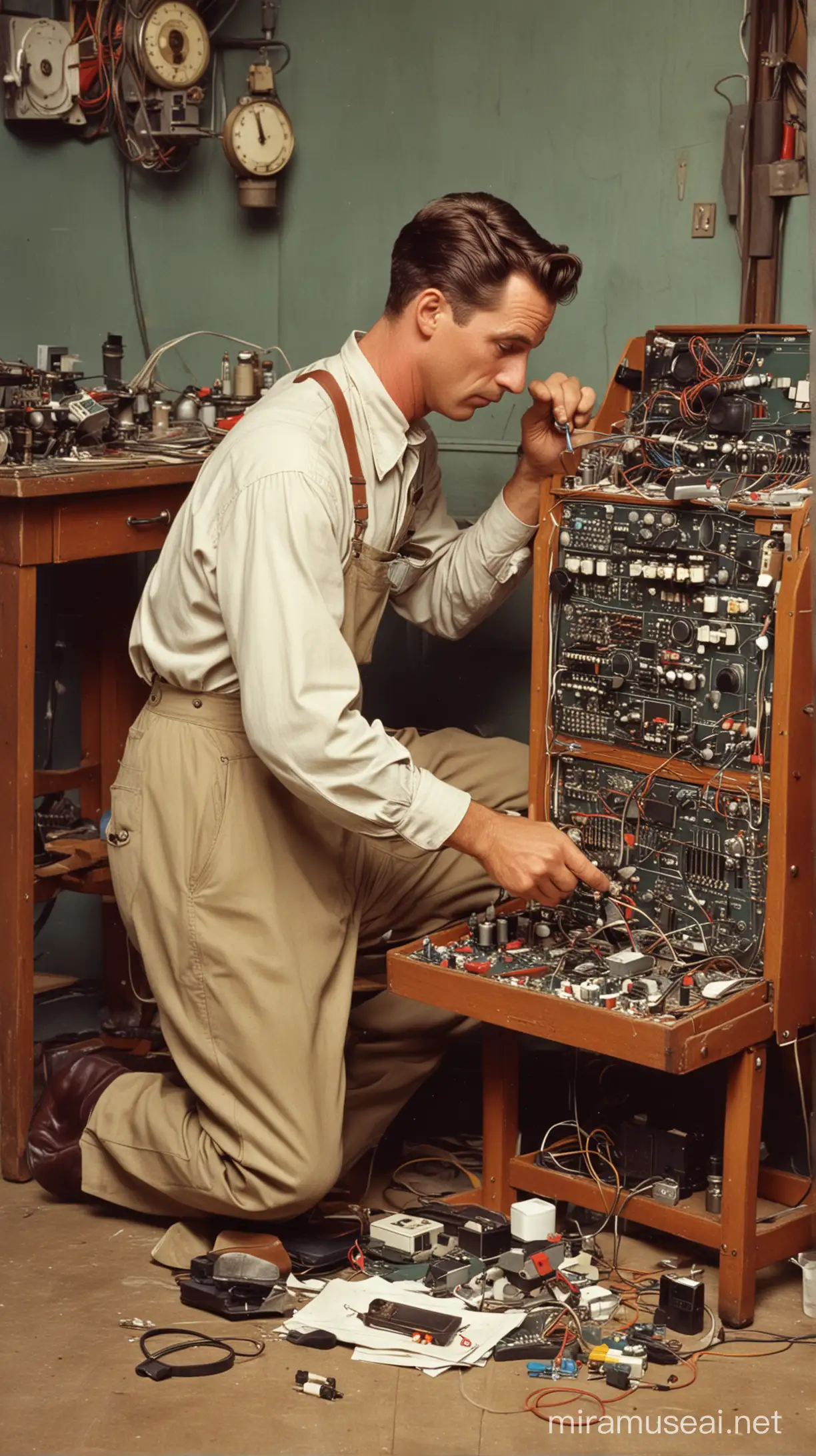 Repairman for electronics at work in his workshop. Circa 1960. Style of Norman Rockwell. 