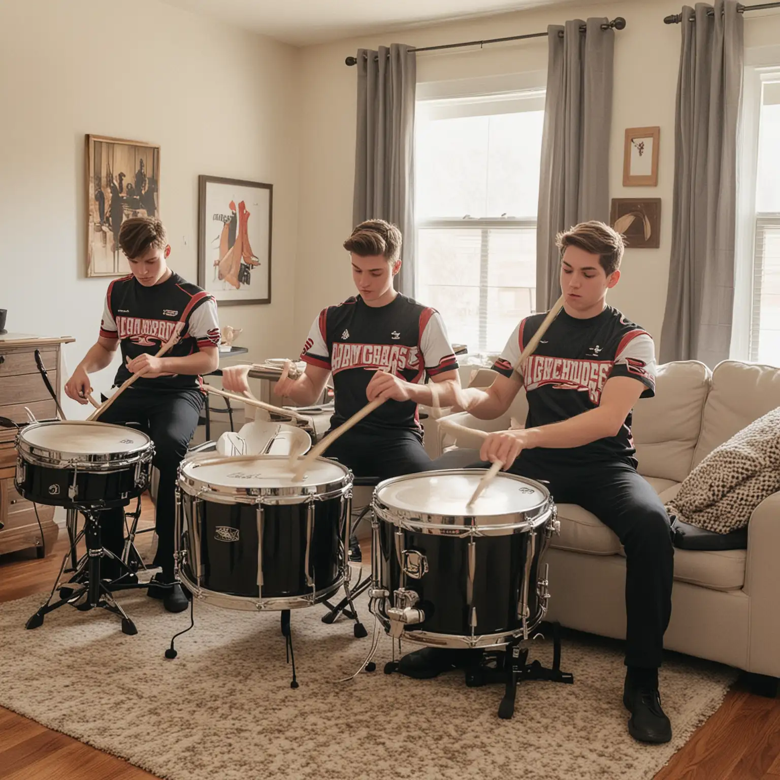 high school marching band drummers inside living room playing drums 