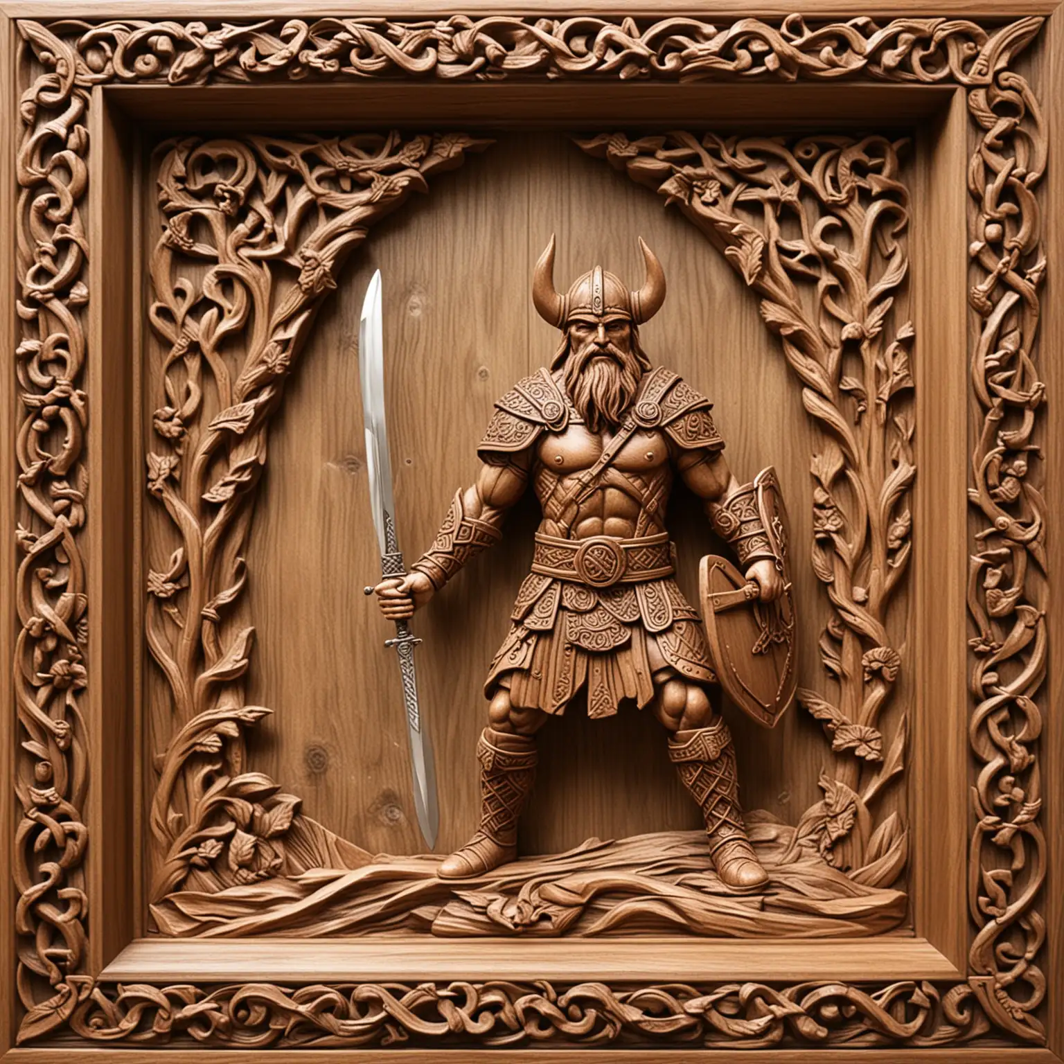 3D wood carved Viking warrior standing guard with a sword, within Celtic wood surround frame