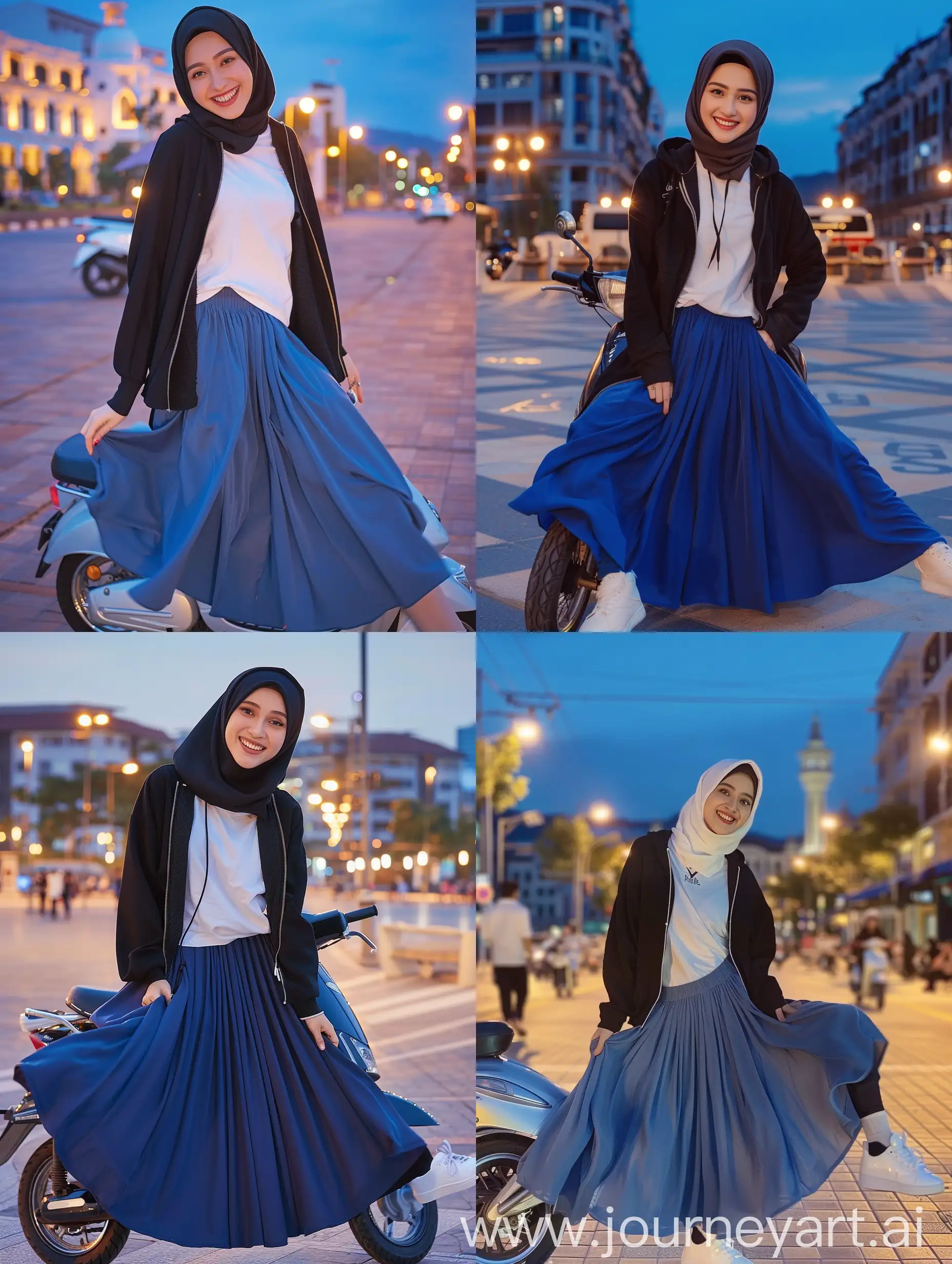Indonesian-Woman-in-Hijab-Smiling-on-Scooter-in-City-Square