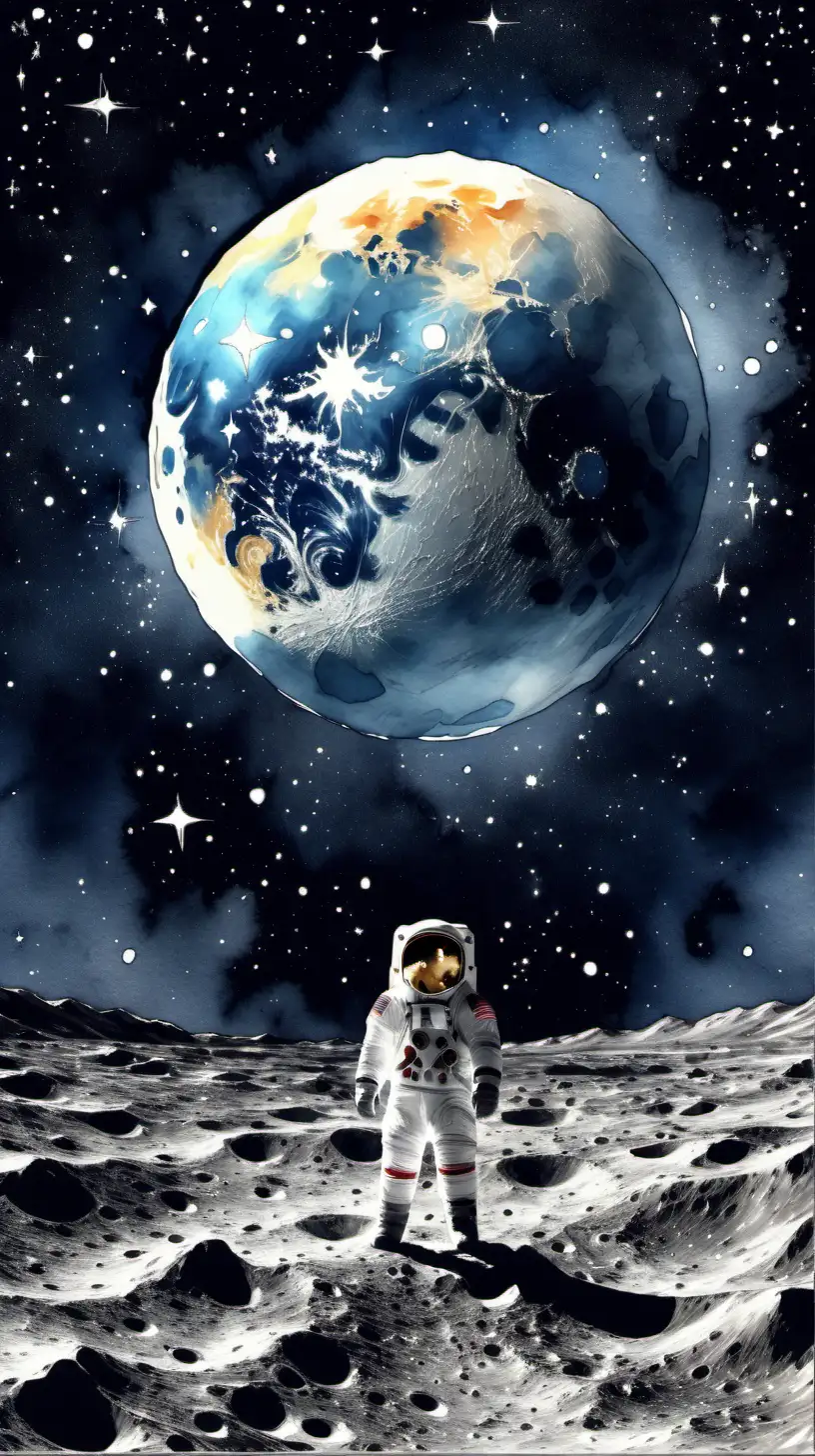 beautiful image from the moon, standing on the moon of earth, watercolor style, many stars, earth in the background