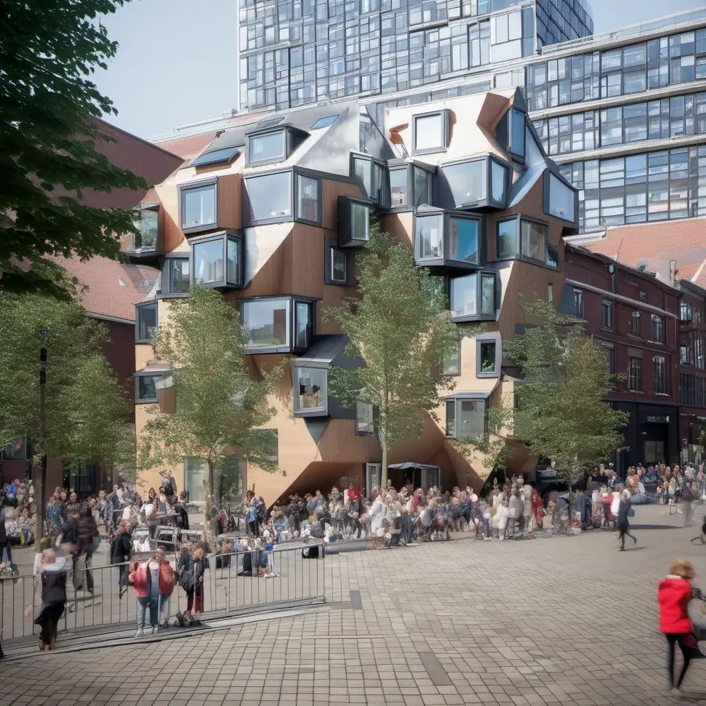 Imagine a tiny house to live in, on top of this building, in de style of MVRDV architects . 
