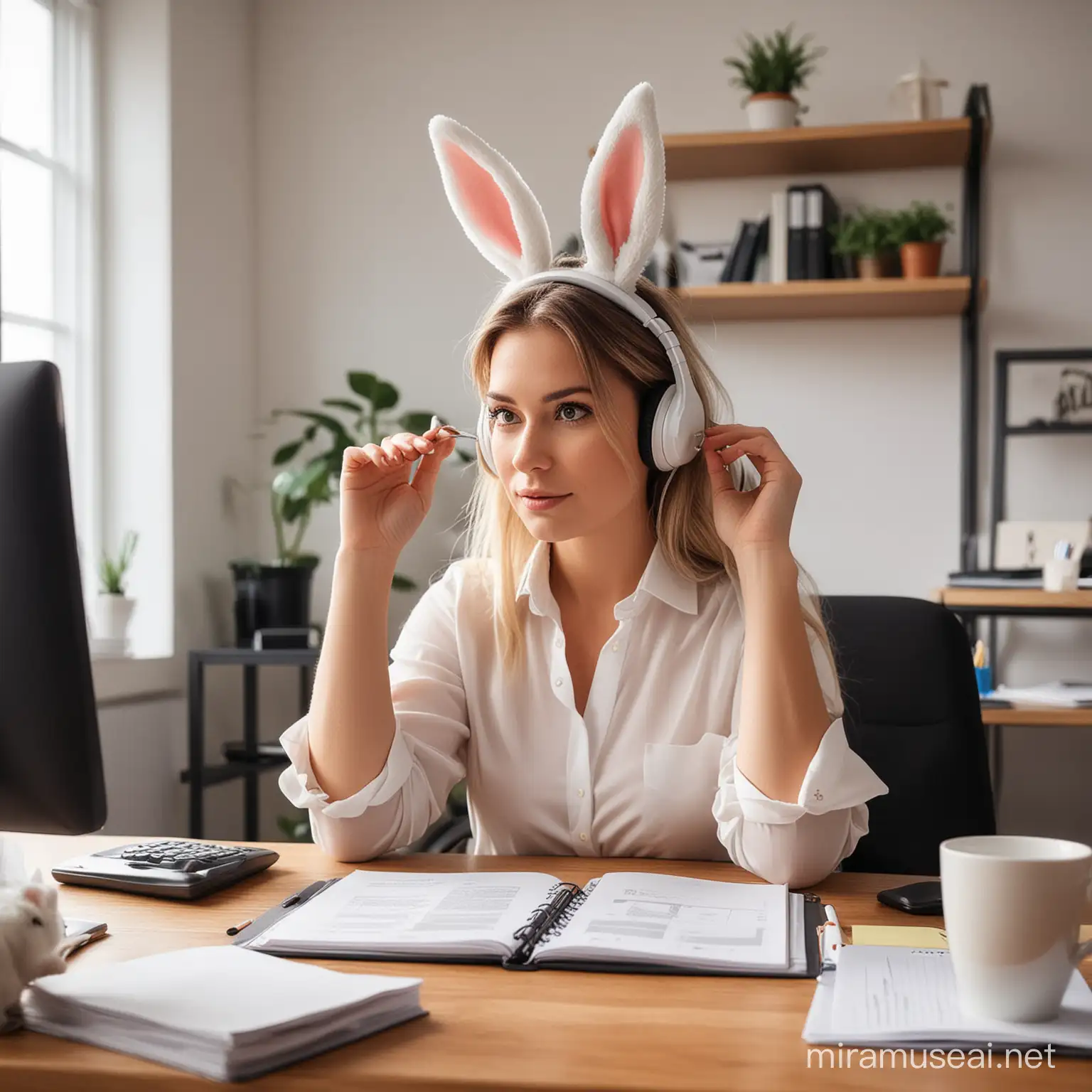 realistic view of a female entrepreneur, up to her ears in work, in office surrounding. Add a cute bunny somewhere in the picture.