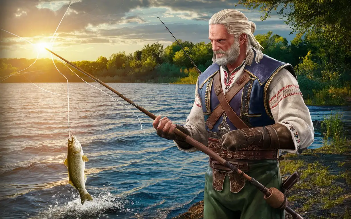 Геральт стал рыбаком и ловит рыбу в игре русская рыбалка 4