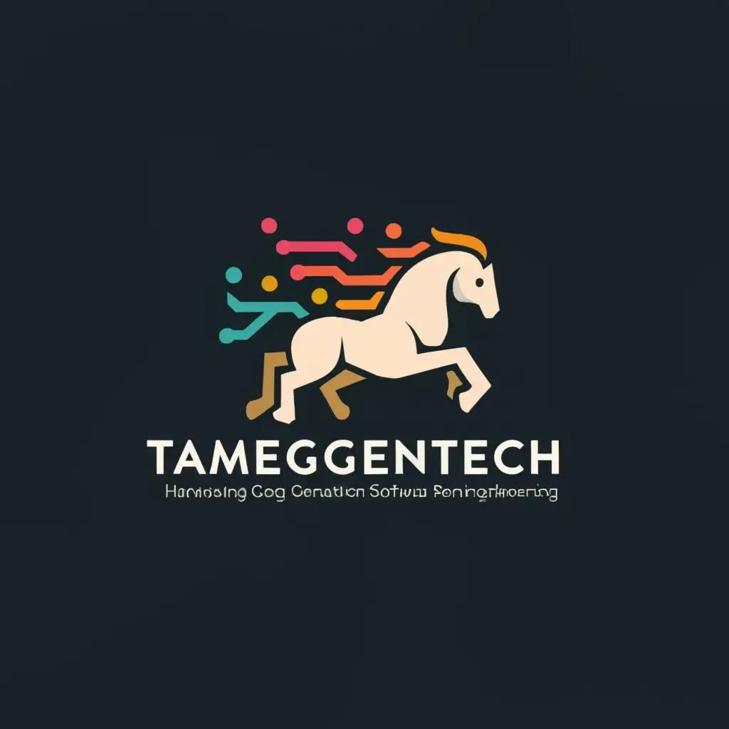 logo, Horse, with the text "TameGenTech. Harnessing Generative AI for Next-Generation Software Engineering", typography, be used in Internet industry
