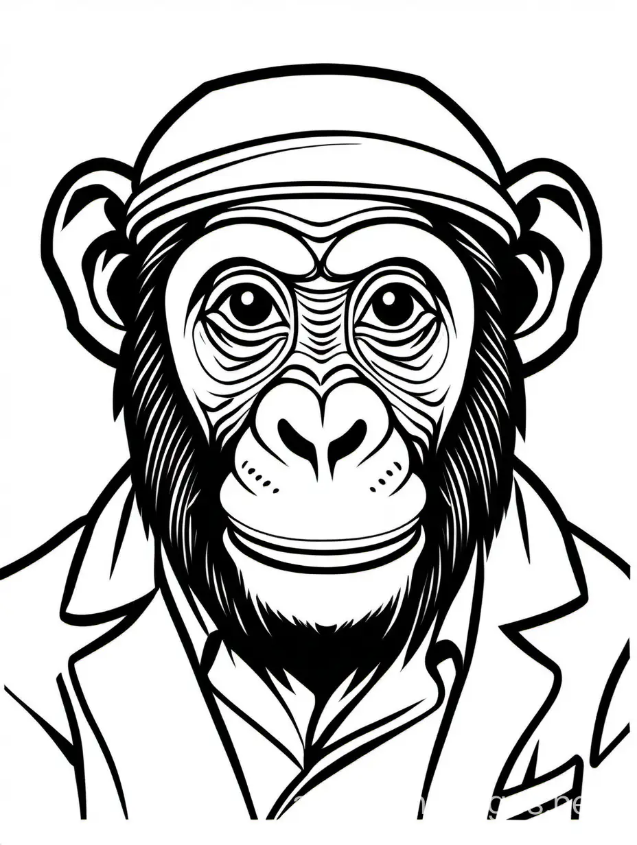 chimpanzee, Coloring Page, black and white, line art, white background, Simplicity, Ample White Space. The background of the coloring page is plain white to make it easy for young children to color within the lines. The outlines of all the subjects are easy to distinguish, making it simple for kids to color without too much difficulty