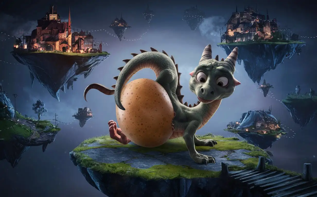 young dragons nesting and laying dragon eggs dragon egg stuck in butt in a floating sky island town, butt sideways head facing camera with eggs halfway out, all islands at different elevations, hd, fantasy lighting, night, nervous/embarrassed, suspenseful, realistic.
